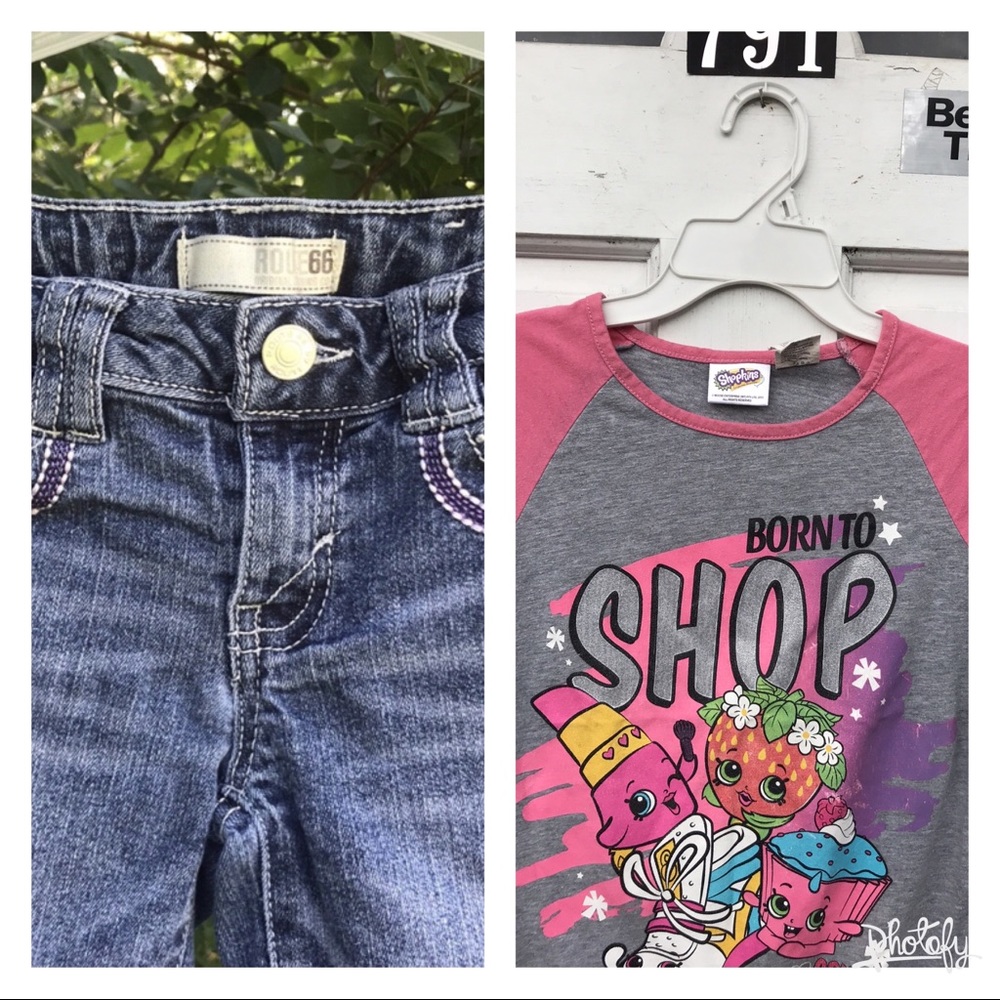 Route 66 Embroidered Jean Shorts & Short Sleeves Shopkins Tie Front Tee Girls 7